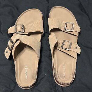 Madden Girl Tan Suede Double-Buckle Slide Sandals